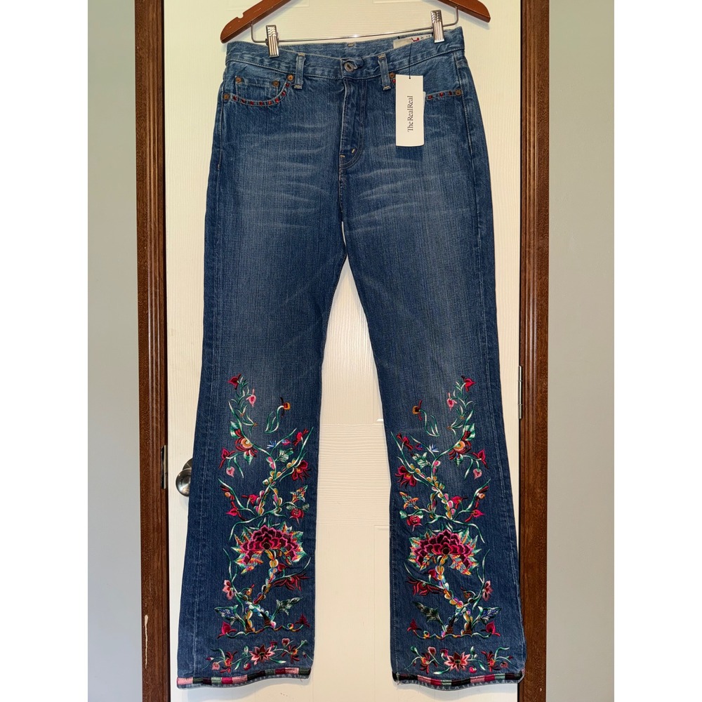 Replay Vintage Floral Embroidered Studded Straight Leg Jeans Denim Size 29 Boho